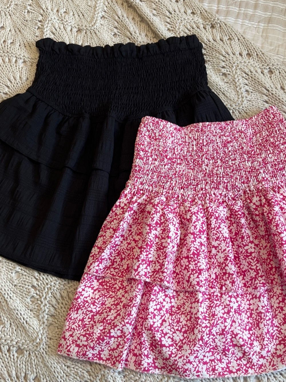 Women's Tiered Smocked Waist Skirt - Black and Pink Floral